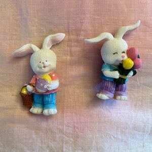 Adorable Bunny Figurines with Flowers and Basket